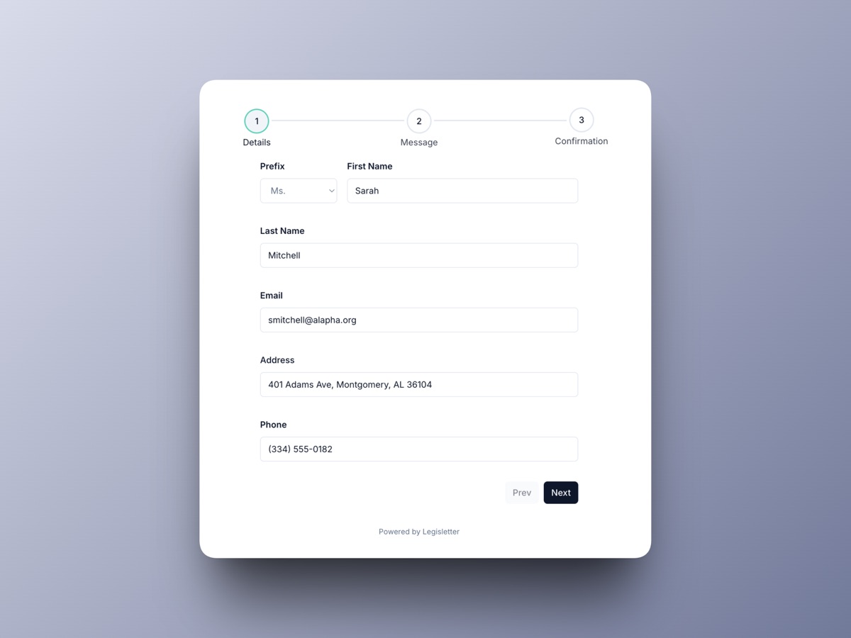 Legisletter campaign form — members fill in their details and the system handles the rest