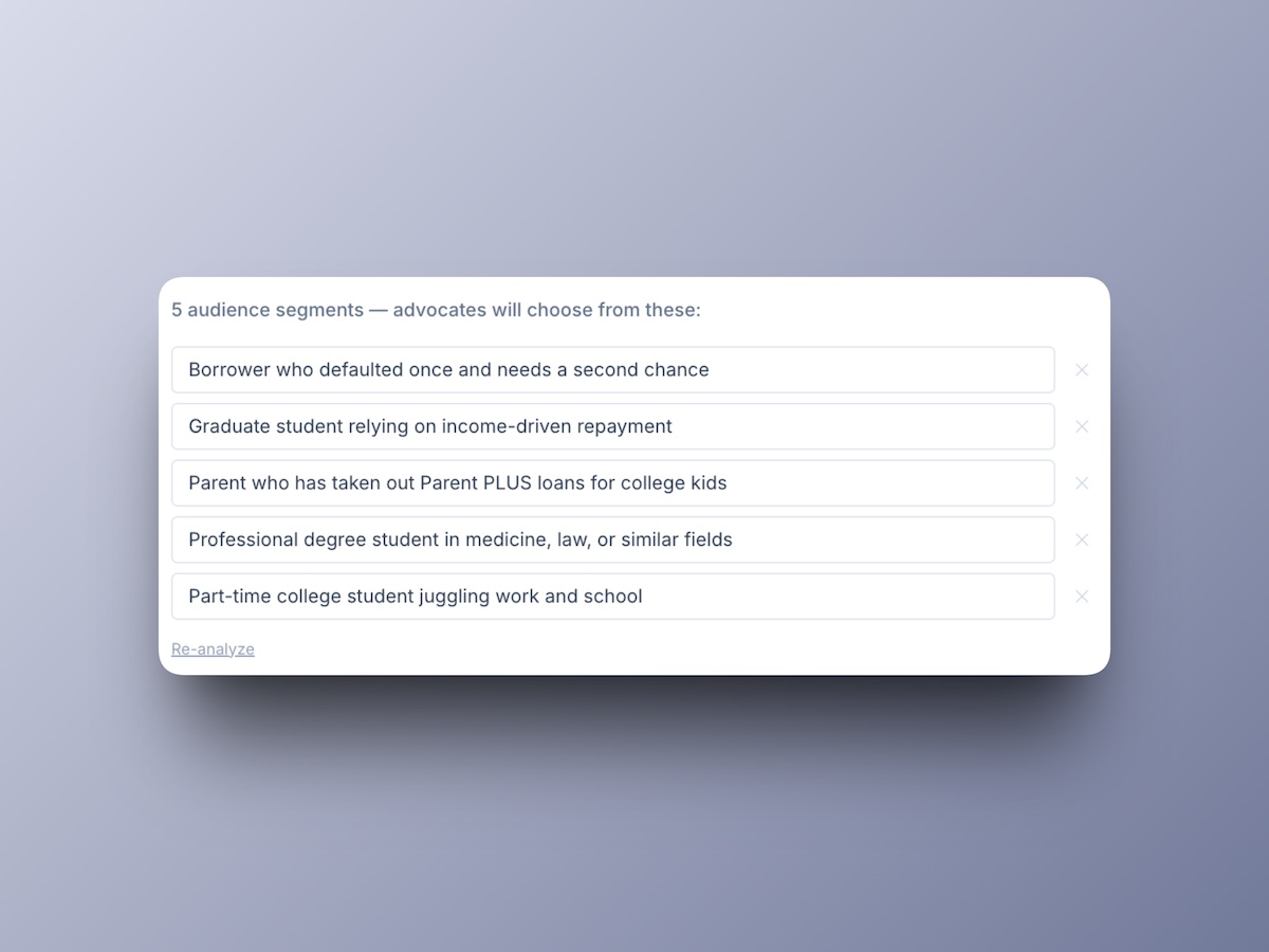 AI-identified audience segments for a student loan regulation — real people, not marketing personas